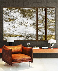 Trio de Quadros Estilizados Abstrato Efeito Mármore Dourado Bronze Cinza Arte Canvas Moldura