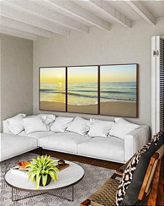 Trio de Quadros Nascer do Sol na Praia de Mar Calmo Turquesa Arte Canvas Moldura