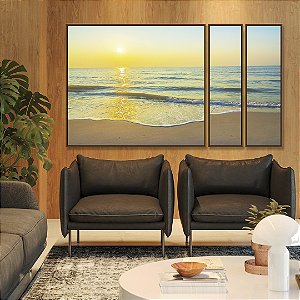 Trio de Quadros Estilizados Nascer do Sol na Praia de Mar Calmo Turquesa Arte Canvas Moldura
