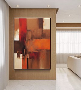 Quadro Vertical Abstrato Vermelho Laranja Marrom com Efeito Arte Canvas Moldura