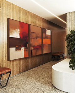 Trio de Quadros Abstrato Vermelho Laranja Marrom com Efeito Arte Canvas Moldura