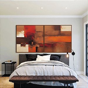 Duo de Quadros Quadrados Abstrato Vermelho Laranja Marrom com Efeito Arte Canvas Moldura