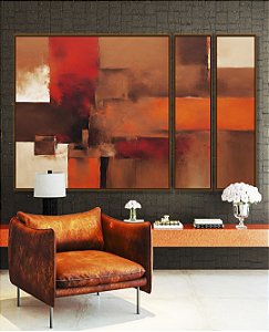 Trio de Quadros Estilizados Abstrato Vermelho Laranja Marrom com Efeito Arte Canvas Moldura