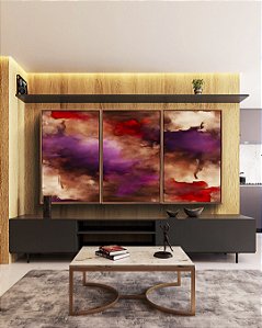 Trio de Quadros Abstrato Roxo Vermelho Vinho com Efeito Arte Canvas Moldura