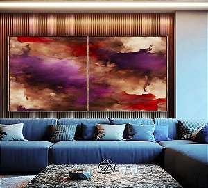 Duo de Quadros Quadrados Abstrato Roxo Vermelho Vinho com Efeito Arte Canvas Moldura