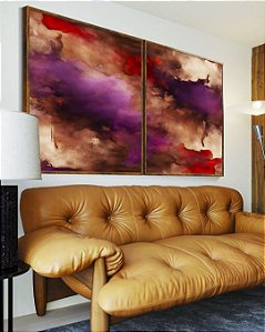 Duo de Quadros Abstrato Roxo Vermelho Vinho com Efeito Arte Canvas Moldura