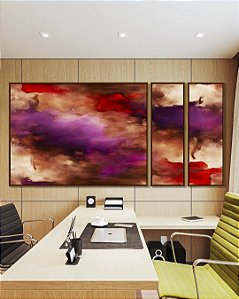 Trio de Quadros Estilizados Abstrato Roxo Vermelho Vinho com Efeito Arte Canvas Moldura