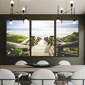 Trio de Quadros Escada para Praia de Mar Azul Natureza Arte Canvas Moldura