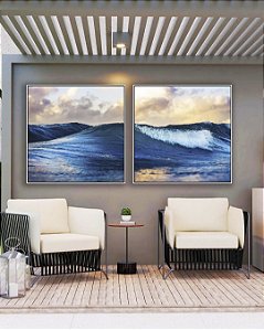 Duo de Quadros Quadrados Mar Azul Vivo Ondas Leves e Céu Claro Natureza Arte Canvas Moldura