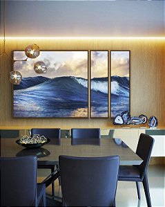Trio de Quadros Estilizados Mar Azul Vivo Ondas Leves e Céu Claro Natureza Arte Canvas Moldura