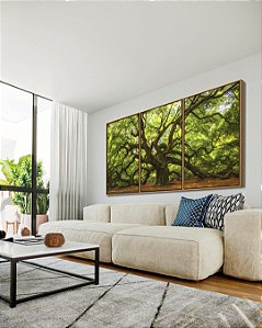 Trio de Quadros Árvore da Vida com Galhos Fortes Folhas Verdes Natureza Arte Canvas Moldura