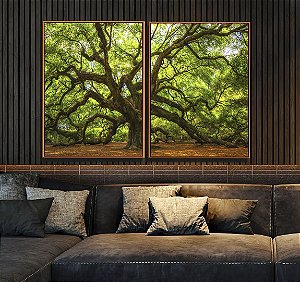Duo de Quadros Árvore da Vida com Galhos Fortes Folhas Verdes Natureza Arte Canvas Moldura