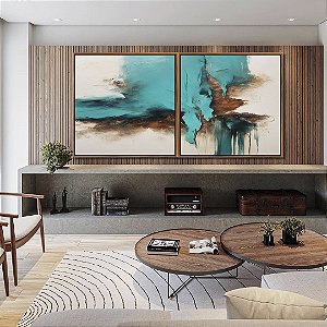 Duo de Quadros Quadrados Abstrato Turquesa Marrom Madeira Branco Arte Canvas Moldura