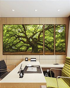 Trio de Quadros Estilizados Árvore da Vida com Galhos Fortes Folhas Verdes Natureza Arte Canvas Moldura