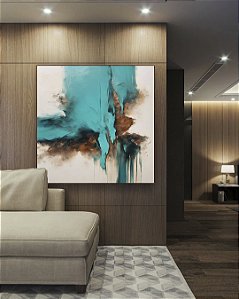 Quadro Quadrado Abstrato Turquesa Marrom Madeira Branco Arte Canvas Moldura