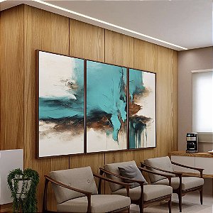 Trio de Quadros Abstrato Turquesa Marrom Madeira Branco Arte Canvas Moldura