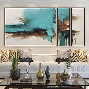 Trio de Quadros Estilizados Abstrato Turquesa Marrom Madeira Branco Arte Canvas Moldura