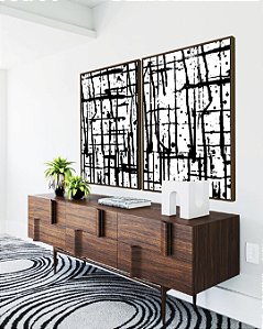 Dupla de Quadros Abstrato Preto e Branco Efeito Pintura Arte Canvas Moldura