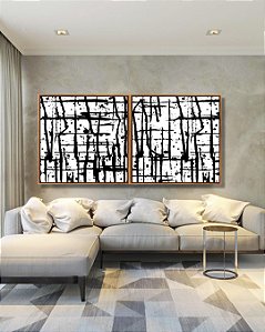 Duo de Quadros Quadrados Abstrato Preto e Branco Efeito Pintura Arte Canvas Moldura