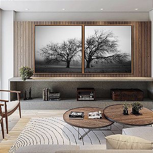 Duo de Quadros Quadrados Árvores em Preto e Branco Natureza Arte Canvas Moldura