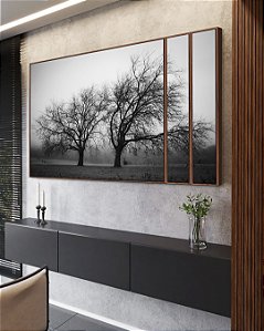 Trio de Quadros Estilizados Árvores em Preto e Branco Natureza Arte Canvas Moldura