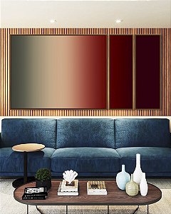 Trio de Quadros Estilizados Abstrato Degradê Vermelho Vinho Bege Cinza Arte Canvas Moldura