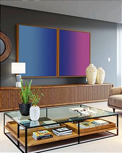 Duo de Quadros Abstrato Degradê Azul Petróleo Rosa Arte Canvas Moldura