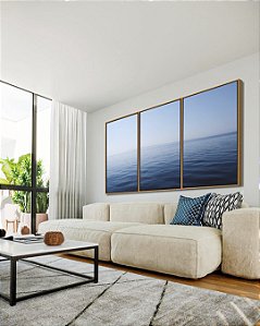 Trio de Quadros Mar Azul e Calmo Oceano Natureza Arte Canvas Moldura
