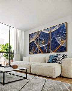 Trio de Quadros Flor Dente de Leão Tons de Cobre e Azul Natureza Arte Canvas Moldura