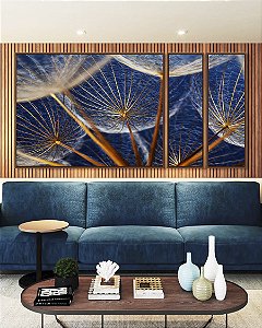 Trio de Quadros Estilizados Flor Dente de Leão Tons de Cobre e Azul Natureza Arte Canvas Moldura