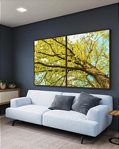 Duo de Quadros Árvore com Folhas Verde Claro e Céu Limpo Turquesa Arte Canvas Moldura