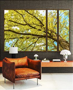 Trio de Quadros Estilizados Árvore com Folhas Verde Claro e Céu Limpo Turquesa Arte Canvas Moldura