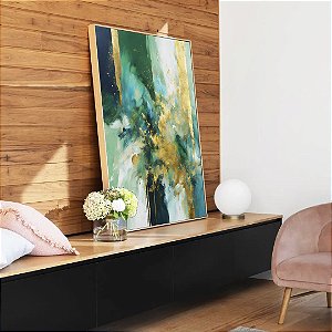 Quadro Vertical Abstrato Em tons de Turquesa Verde e Dourado Arte Canvas Moldura