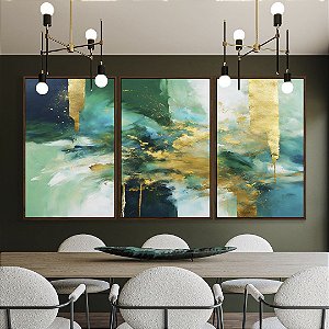 Trio de Quadros Abstrato Em tons de Turquesa Verde e Dourado Arte Canvas Moldura