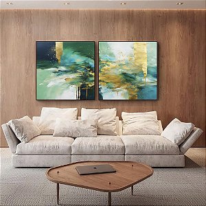 Duo de Quadros Quadrados Abstrato Em tons de Turquesa Verde e Dourado Arte Canvas Moldura