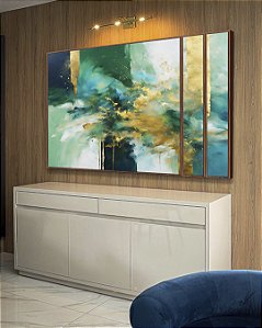 Trio de Quadros Estilizados Abstrato Em tons de Turquesa Verde e Dourado Arte Canvas Moldura