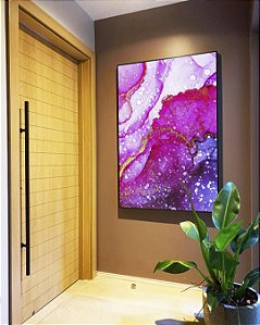 Quadro Vertical Abstrato Rosa Lilás e Dourado Arte Fluída Canvas Moldura