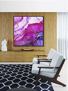 Quadro Quadrado Abstrato Rosa Lilás e Dourado Arte Fluída Canvas Moldura