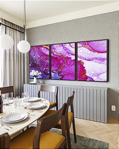 Trio de Quadros Abstrato Rosa Lilás e Dourado Arte Fluída Canvas Moldura