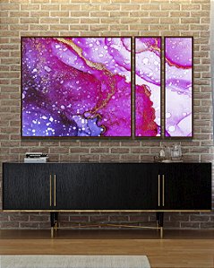 Trio de Quadros Estilizados Abstrato Rosa Lilás e Dourado Arte Fluída Canvas Moldura