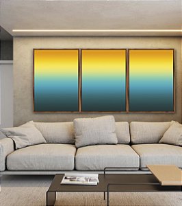 Trio de Quadros Abstrato Degradê Amarelo Ouro e Azul Turquesa Canvas Moldura