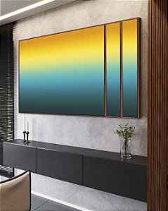 Trio de Quadros Estilizados Abstrato Degradê Amarelo Ouro e Azul Turquesa Canvas Moldura