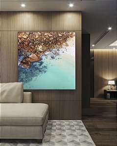 Quadro Quadrado Mar Turquesa Cristalino com Praia Areia Pedras Canvas Moldura