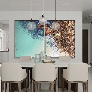 Duo de Quadros Mar Turquesa Cristalino com Praia Areia Pedras Canvas Moldura