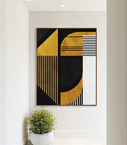 Quadro Vertical Abstrato Geométrico Linear Preto Dourado Branco Canvas