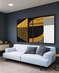 Duo de Quadros Abstrato Geométrico Linear Preto Dourado Branco Canvas