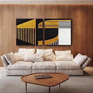 Duo de Quadros Quadrados Abstrato Geométrico Linear Preto Dourado Branco Canvas