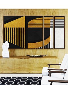 Trio de Quadros Estilizados Abstrato Geométrico Linear Preto Dourado Branco Canvas