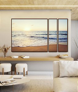 Trio de Quadros Estilizados Pôr do Sol Sereno na Praia Mar Tons Dourados Canvas Moldura