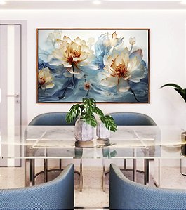 Quadro Horizontal Flores Brancas Douradas Azuis Delicadas Canvas Moldura